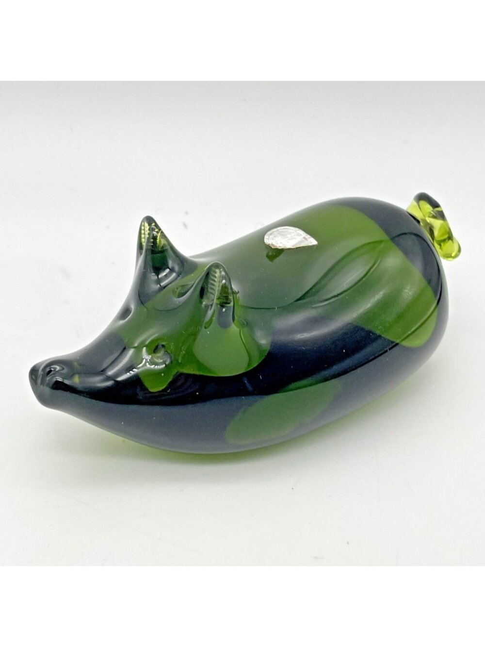 Vintage Rainbow Art Glass Dark Green Pig Hand Blown Paperweight Figure